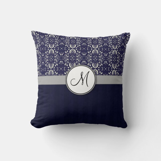 Coussin Damassé argentée sur le bleu avec les rayures et (Recto)