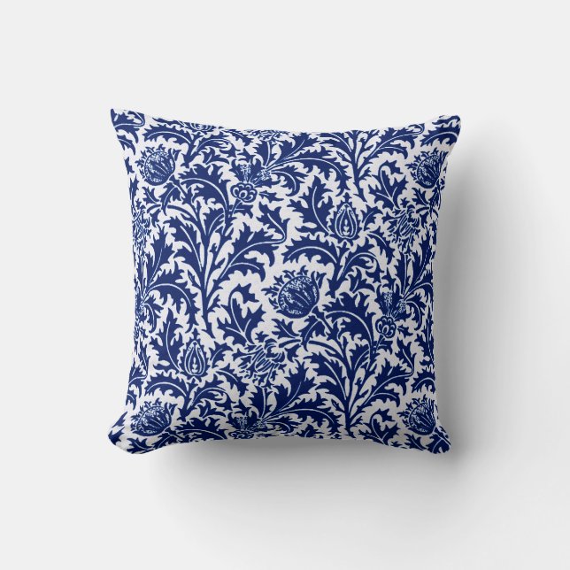 Coussin Damassé de chardon de William Morris, bleu de (Recto)