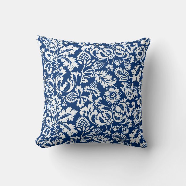 Coussin Damassé de William Morris, bleu de cobalt et blanc (Recto)