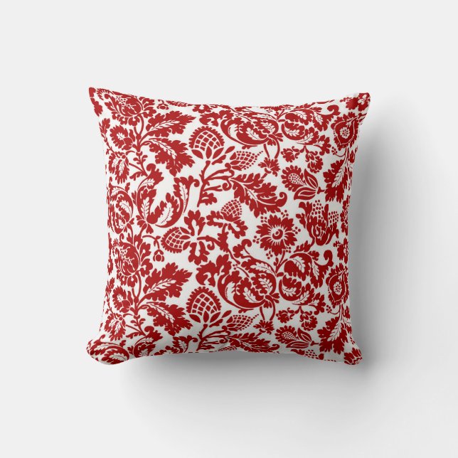 Coussin Damassé florale de William Morris, rouge-foncé et (Recto)