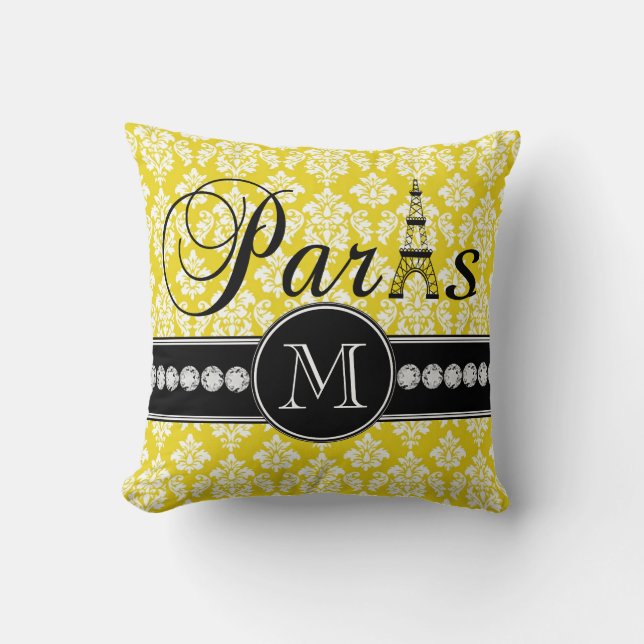 Coussin Damassé jaune chic Paris décoré d'un monogramme (Recto)