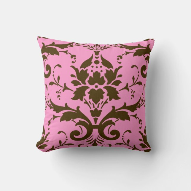 Coussin Damassé moderne de brun de cru sur le carreau rose (Recto)