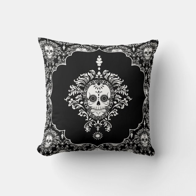 Coussin Damassé morte - carreau chic de crânes de sucre (Recto)