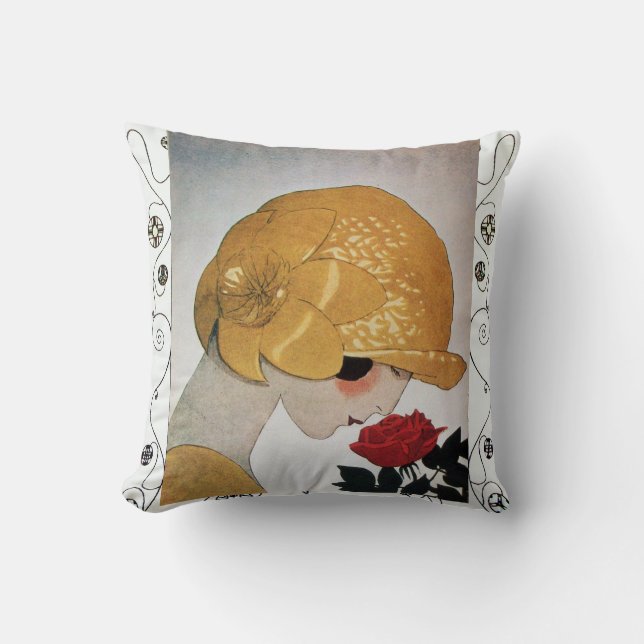 Coussin DAME À LA ROSE ROUGE / Tourbillons géométriques  (Recto)