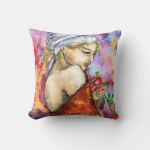 Coussin Dame avec Rose Jeu d'oreiller moderne Peinture fem