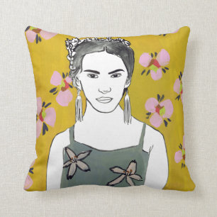 Coussin Dame en fleurs roses - Jaune