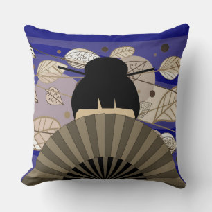 Coussin Dame et ventilateur asiatique avec automne Feuille