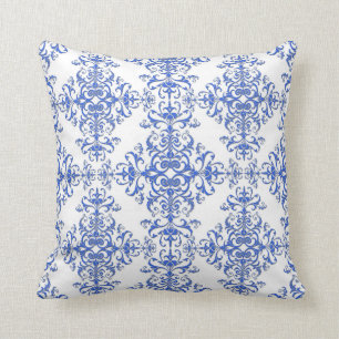 Coussin Damier floral élégant bleu cobalt et blanc