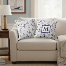 Coussin d'Ancres nautiques bleu monogramme