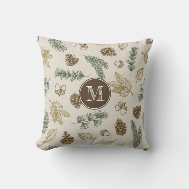 Coussin Dans la forêt bois motif pinecones monogramme (Recto)