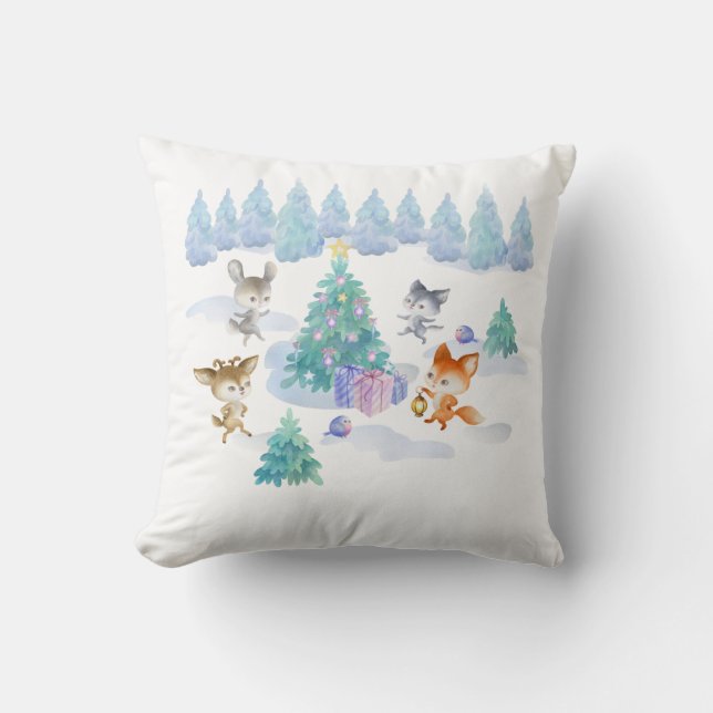 Coussin Danse Animaux de forêt Noël Aquarelle (Recto)