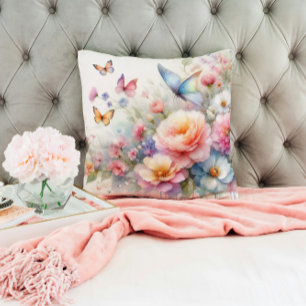Coussin Danse florale et papillon à l'aquarelle