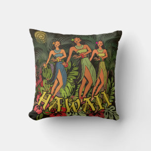 Coussin Danseuses Hula Vintage Hawaï Rétro Arbre Tiki Palm