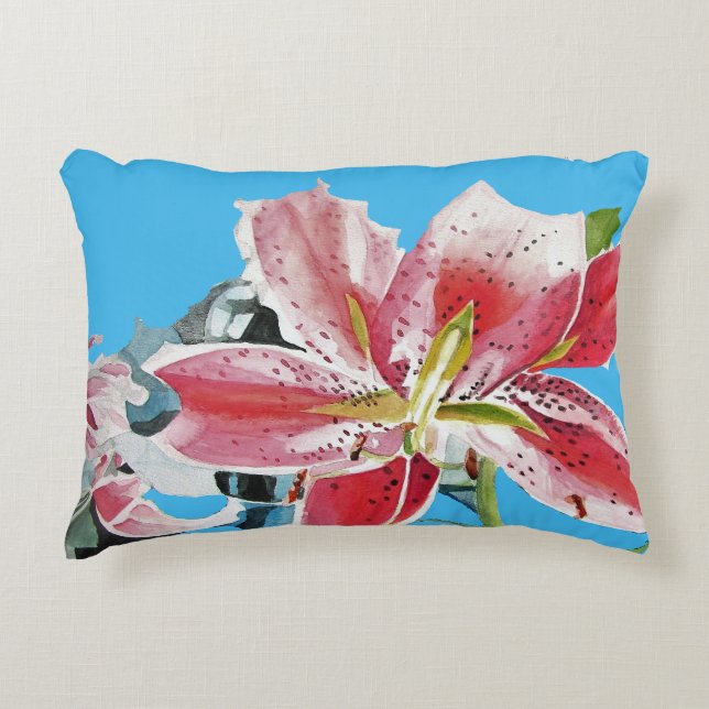 Coussin d'aquarelle bleu et rose Lillies (Devant)