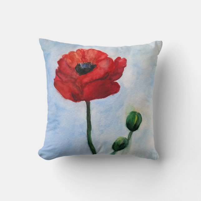 Coussin d'aquarelle rouge de la fleur du pavot (Recto)