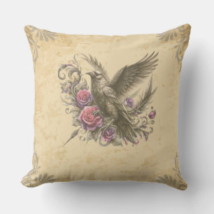 Coussin Dark Academia Vintage Corbeau Roses Floral Gothiqu