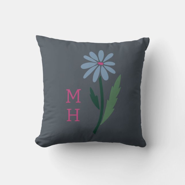 Coussin Dark Farmhouse Retro Blue Floral Monogram Gray (Recto)