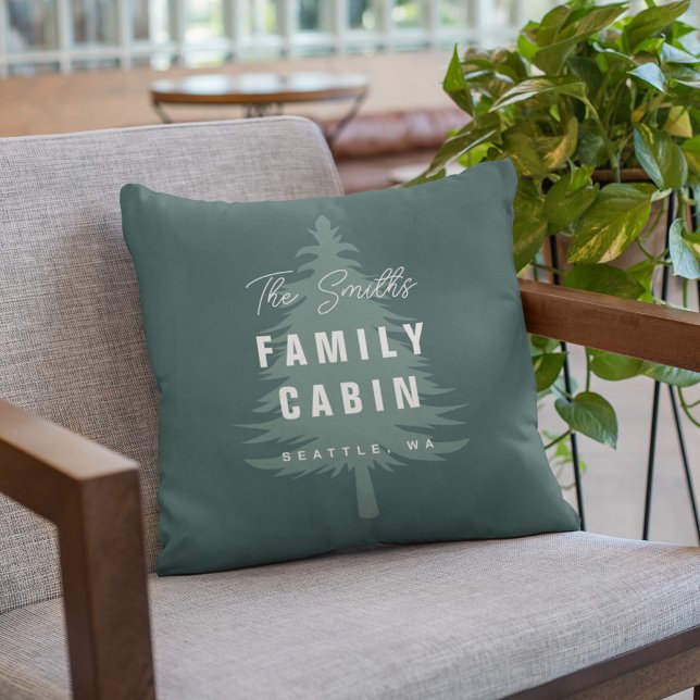 Coussin Dark Green Pine Tree Family Cabine Nom personnalis (Créateur téléchargé)