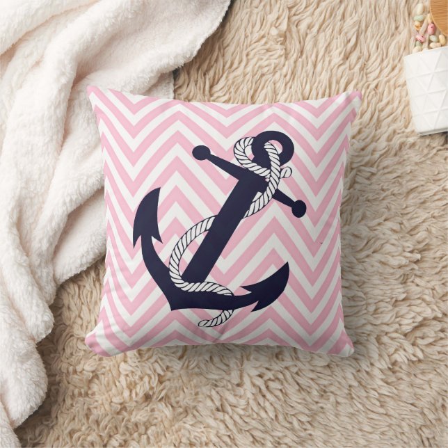 Coussin Dark Nautical Blue Anchor Pink Zigzag Chevron (Couverture)