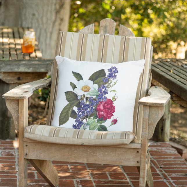 Coussin d'art botanique rouge, blanc, bleu (Chaise)
