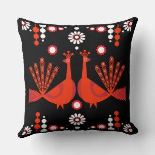 Coussin d'art populaire de paon oiseau