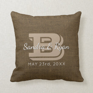Coussin Date de mariage rustique de monogramme de toile de