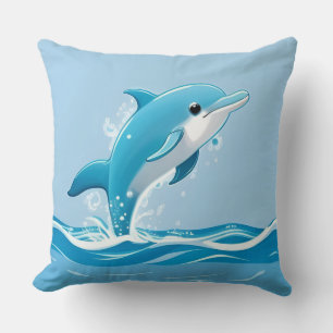 Coussin Dauphin Bleu Mignon Jouant Heureusement dans l'Eau