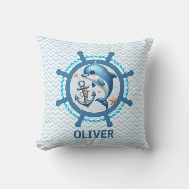 Coussin Dauphin et Ancre Nautique en roue de navire (Recto)