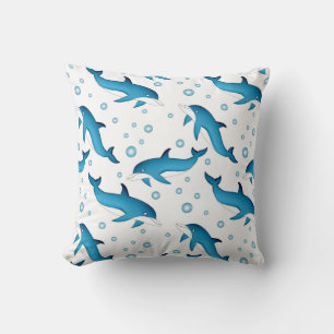 Coussin Dauphins et bulles sur blanc.