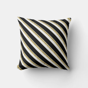 Coussin de bandes diagonales noir, blanc et or