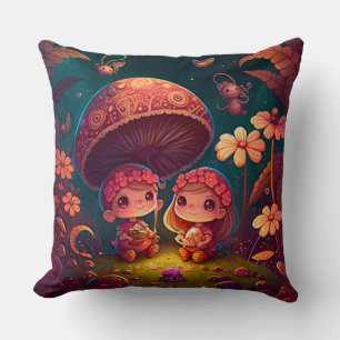 Coussin De beaux elfes mignons jouent sous les champignons