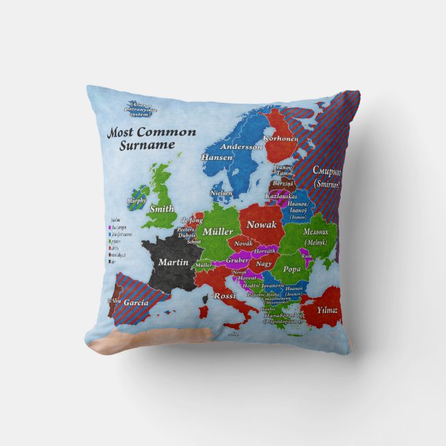 Coussin de carte de l'Europe de noms de famille (Recto)