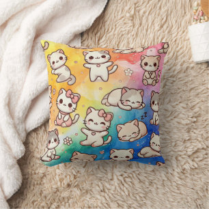 Coussin de chat Kawaii avec arc-en-ciel à l'aquar