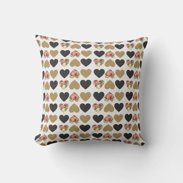 Coussin de coeur doré, beige, noir et rose (Recto)