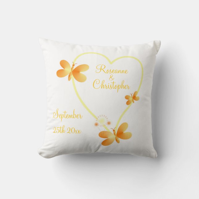 Coussin de coeur jaune marié et marié (Recto)