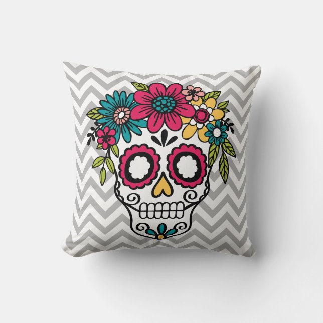 Coussin de crâne de sucre, jour des morts, fleurs (Recto)