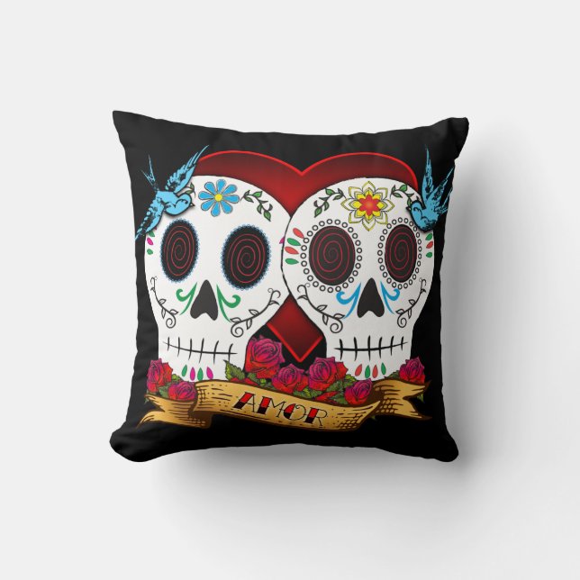 Coussin de crânes et d'oiseaux bleus d'amour (Recto)