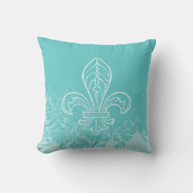 Coussin de damassé de French Fleur de Lis Aqua (Recto)