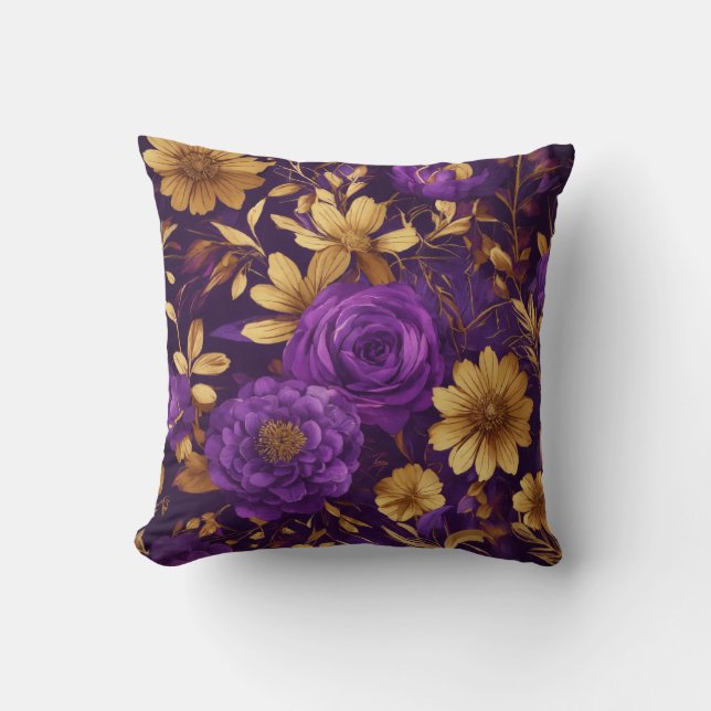 Coussin de design floral violet et or (Recto)