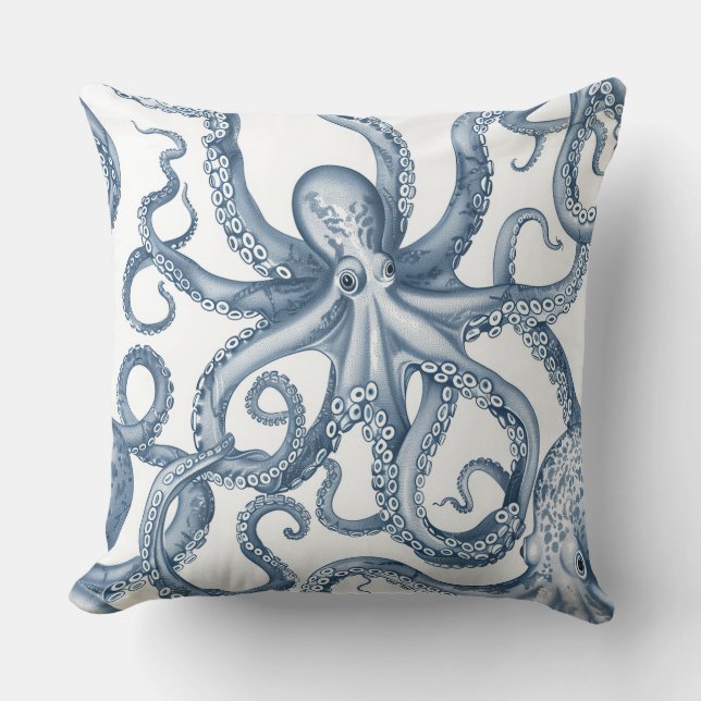 Coussin de design octopus bleu et blanc. (Recto)