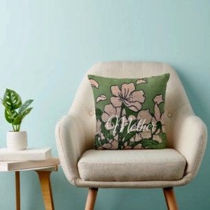 Coussin de jet à fleurs roses vertes