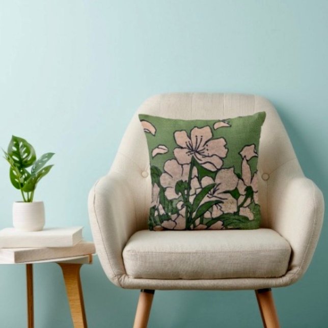 Coussin de jet à fleurs roses vertes (Throw Pillow 100% polyester heavyweight stretch material. Hidden zipper Made in the USA.

)