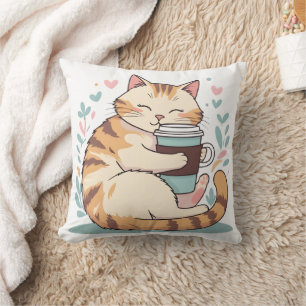 Coussin de jet Cute Cat Hugging Coffee Cup Tissu