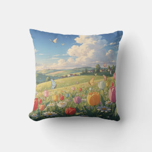 Coussin de jet de prairie de tulipes de printemps