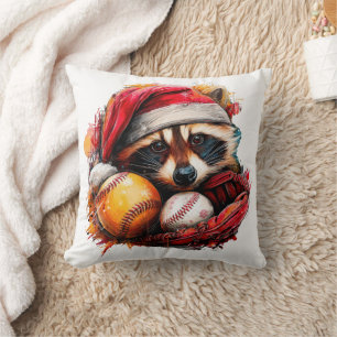 Coussin de jet de vacances Santa Raccoon & Basebal