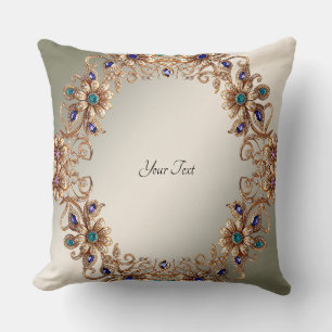 Coussin de jet élégant fleurs bijoux or