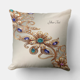 Coussin de jet élégant fleurs bijoux or