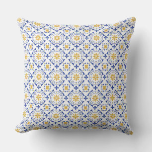 Coussin de jet en carreaux bleus et jaunes méditer