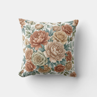 Coussin de jet floral de pivoines aux tons terreux