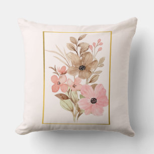 Coussin de jet floral rose et marron avec cadre do